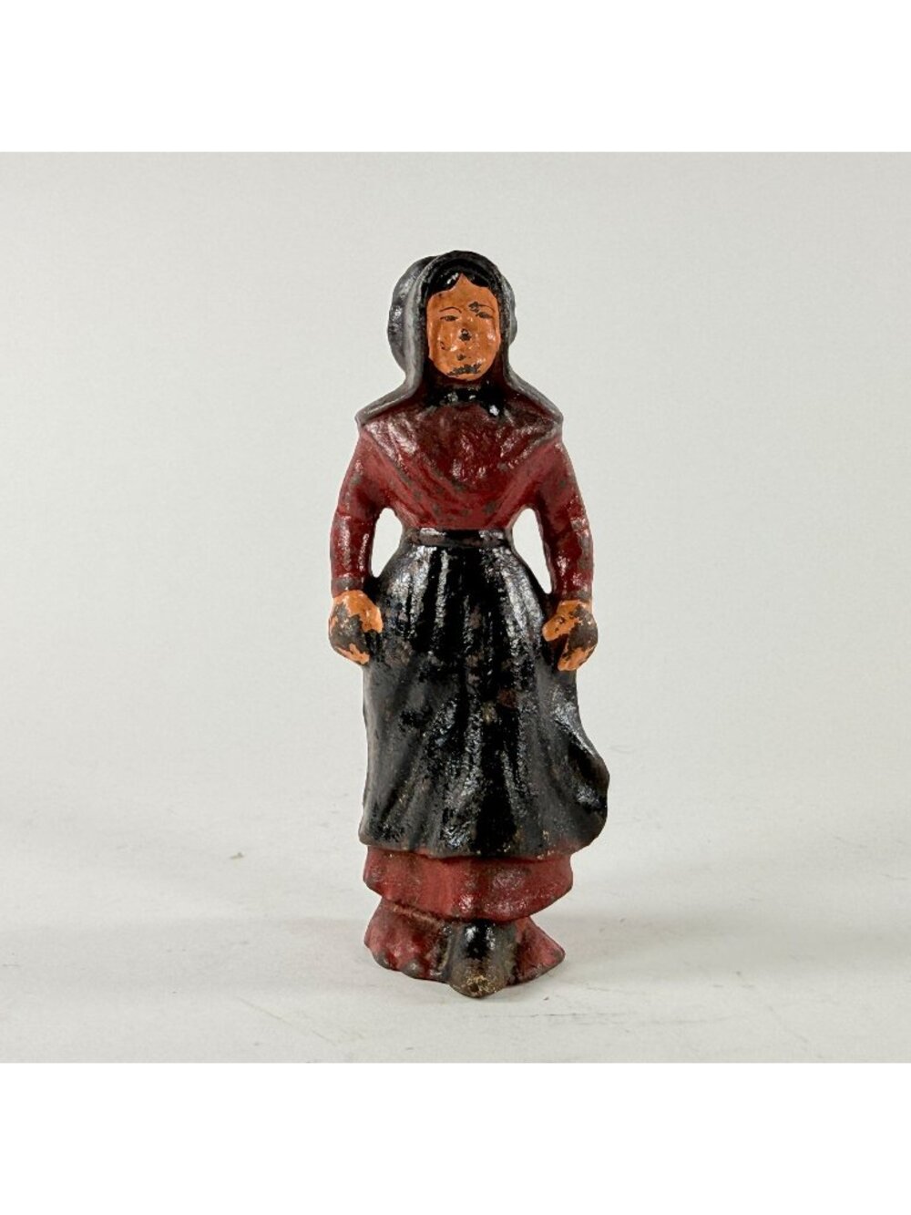 Vintage Cast Iron Amish Woman Figurine Hand-Painted Red & Black Folk Art Style 6